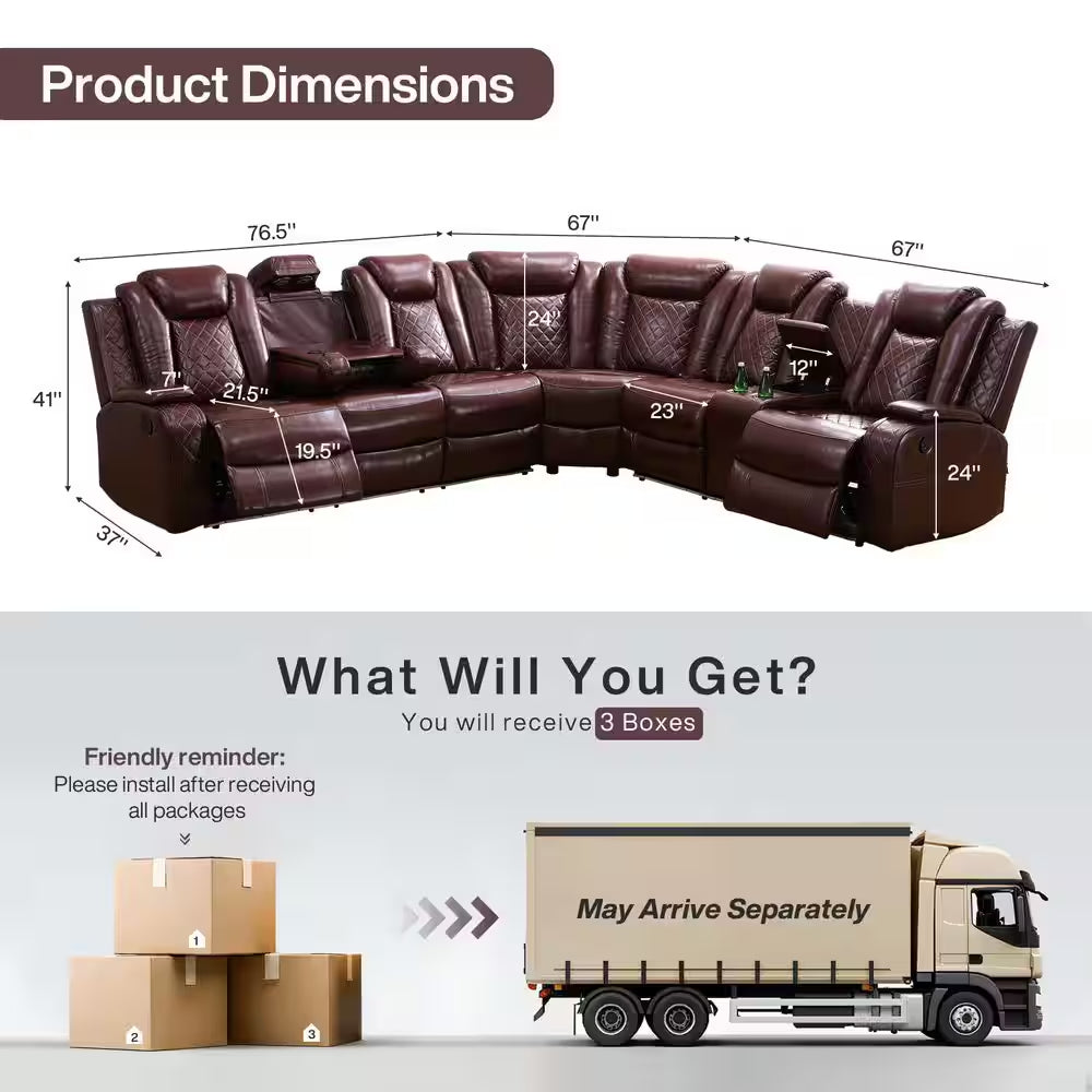 210 In. Overall Straight Arm Leather L-Shape Recliner Sofa Set in Red, 6 Seats Sectional with USB, Wireless Charging