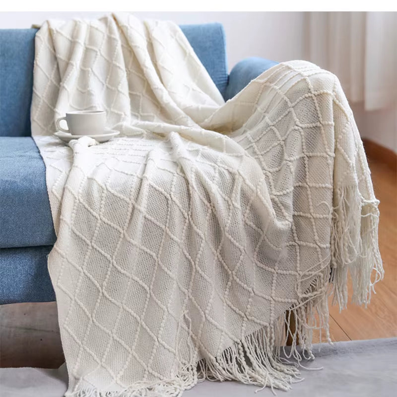 Soft Cozy Vintage Textured Knitted Throw Blankets with Tassels Lightweight Decorative Throws Farmhouse Woven Blanket for Adults