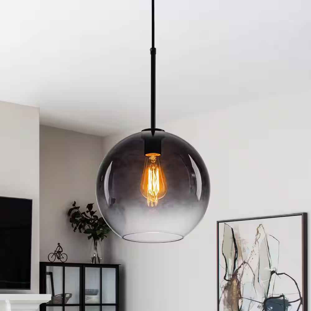 Luckyday 1-Light 11 In.W Black Modern Globe Pendant Light Kitchen Island Hanging Light with Gradient Gray Tinted Glass