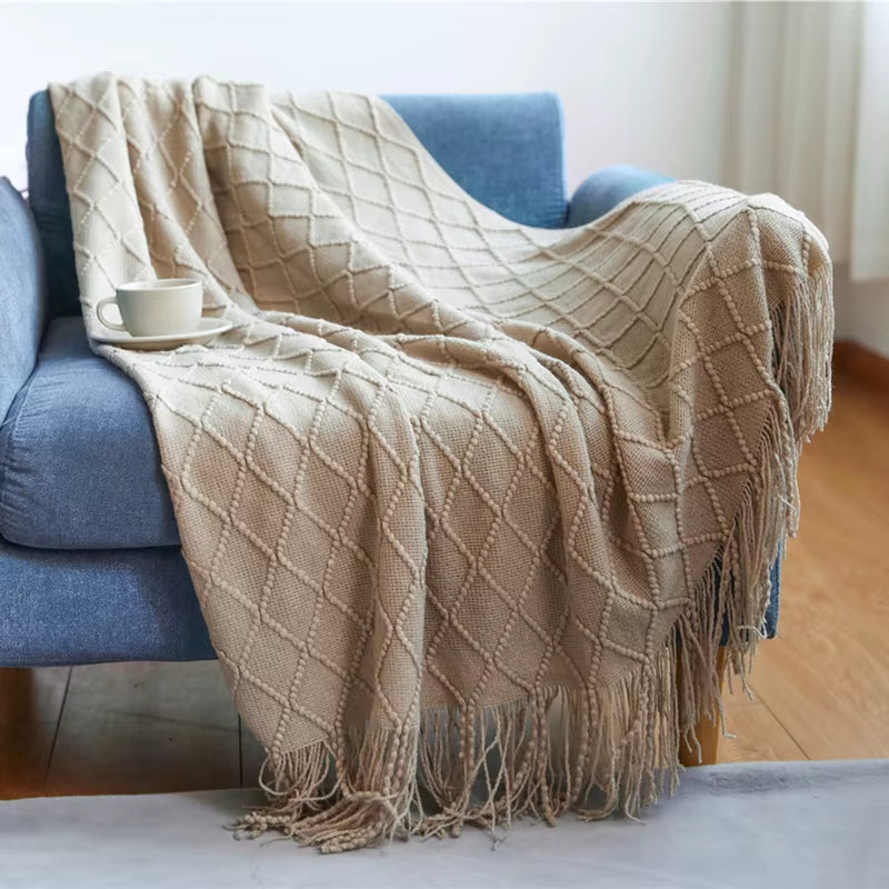 Soft Cozy Vintage Textured Knitted Throw Blankets with Tassels Lightweight Decorative Throws Farmhouse Woven Blanket for Adults