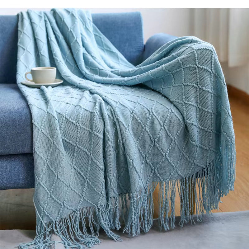 Soft Cozy Vintage Textured Knitted Throw Blankets with Tassels Lightweight Decorative Throws Farmhouse Woven Blanket for Adults