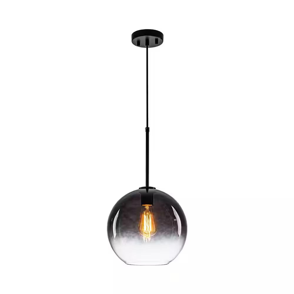 Luckyday 1-Light 11 In.W Black Modern Globe Pendant Light Kitchen Island Hanging Light with Gradient Gray Tinted Glass
