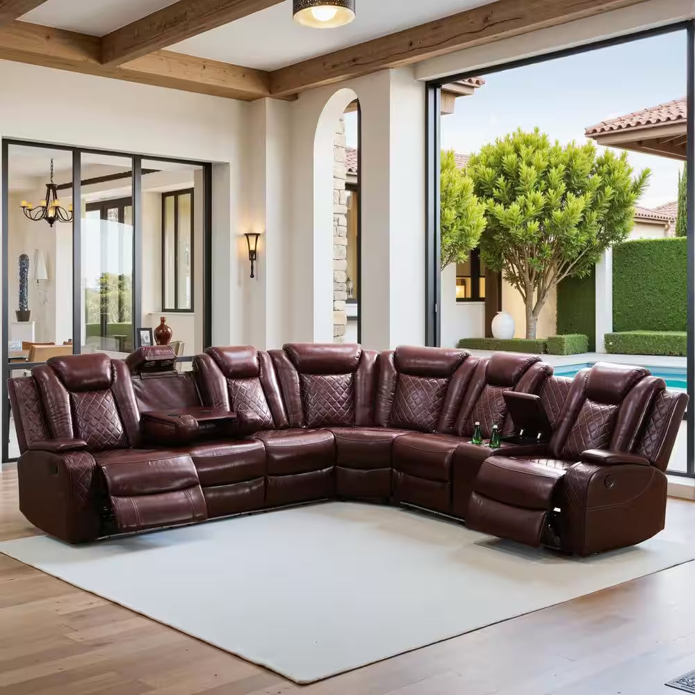 210 In. Overall Straight Arm Leather L-Shape Recliner Sofa Set in Red, 6 Seats Sectional with USB, Wireless Charging