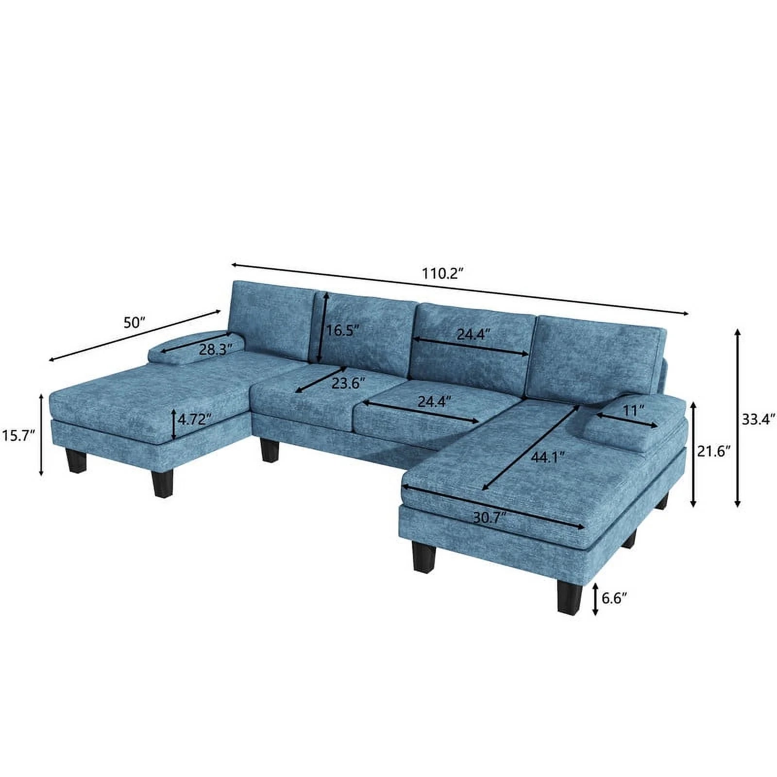 Modern U-Shape Sectional Sofa, Chenille Fabric Modular Couch, 4 Seat Oversized Sofa with Chaise for Living Room, Blue