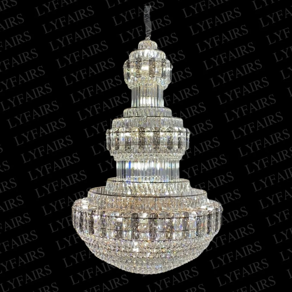 Golden Era Grand Cascade Fountain Smoky Gray&Clear Crystal Chandelier for High-Ceiling
