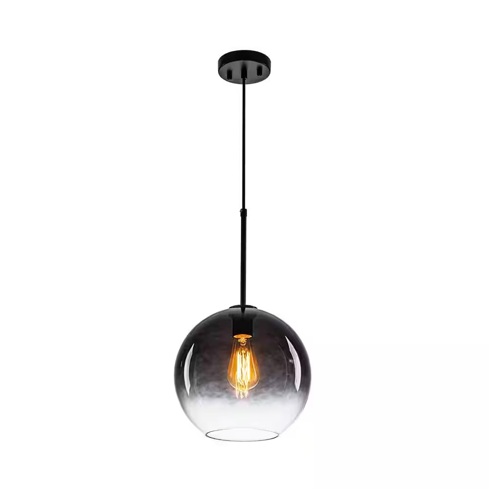 Luckyday 1-Light 11 In.W Black Modern Globe Pendant Light Kitchen Island Hanging Light with Gradient Gray Tinted Glass
