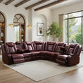 210 In. Overall Straight Arm Leather L-Shape Recliner Sofa Set in Red, 6 Seats Sectional with USB, Wireless Charging