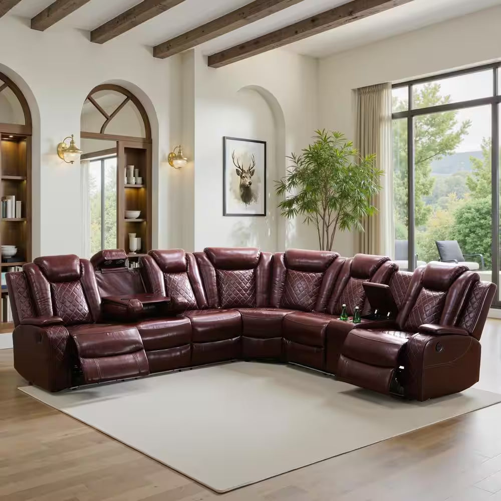 210 In. Overall Straight Arm Leather L-Shape Recliner Sofa Set in Red, 6 Seats Sectional with USB, Wireless Charging