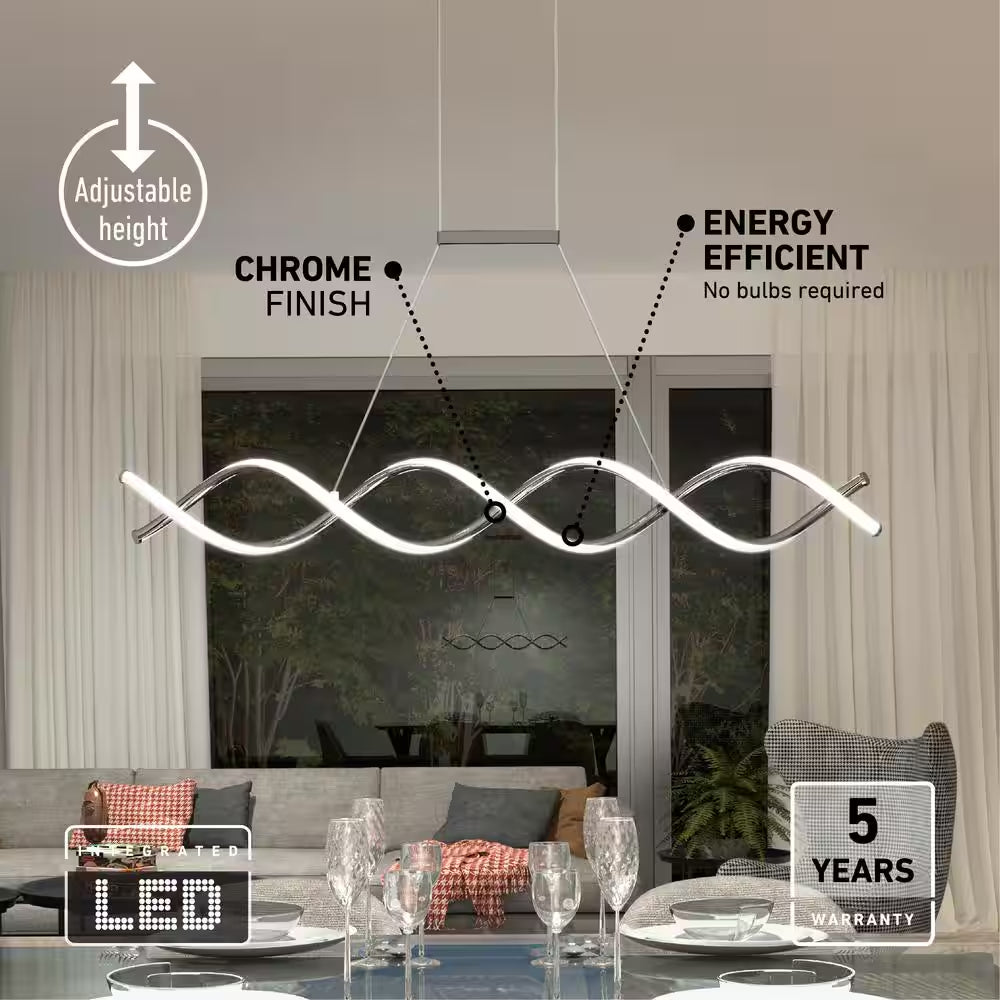 DNA Linear 16-Watt 1-Light Modern Chrome Integrated LED Hanging Pendant Light Fixture for Dining Room or Kitchen