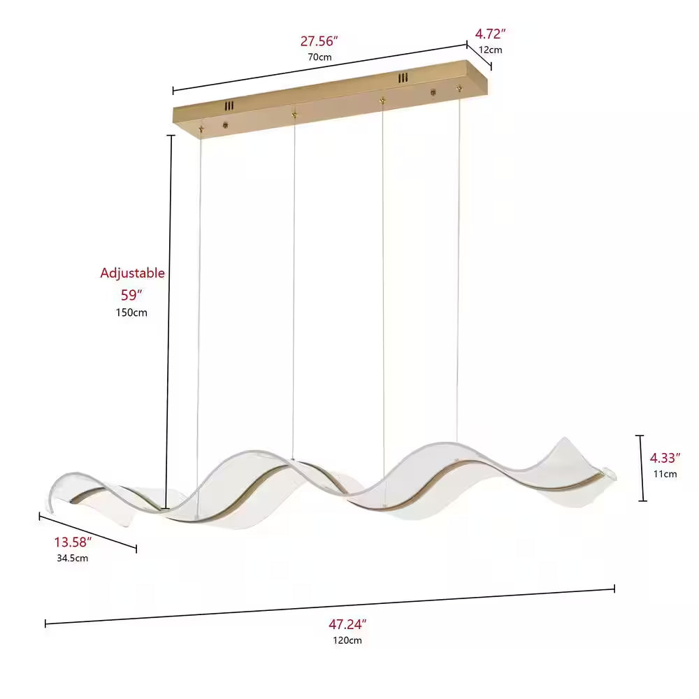 47.24 In. Modern 1-Light Gold 40-Watt Wave-Shaped Integrated LED Pendant Light Acrylic Linear Chandeliers
