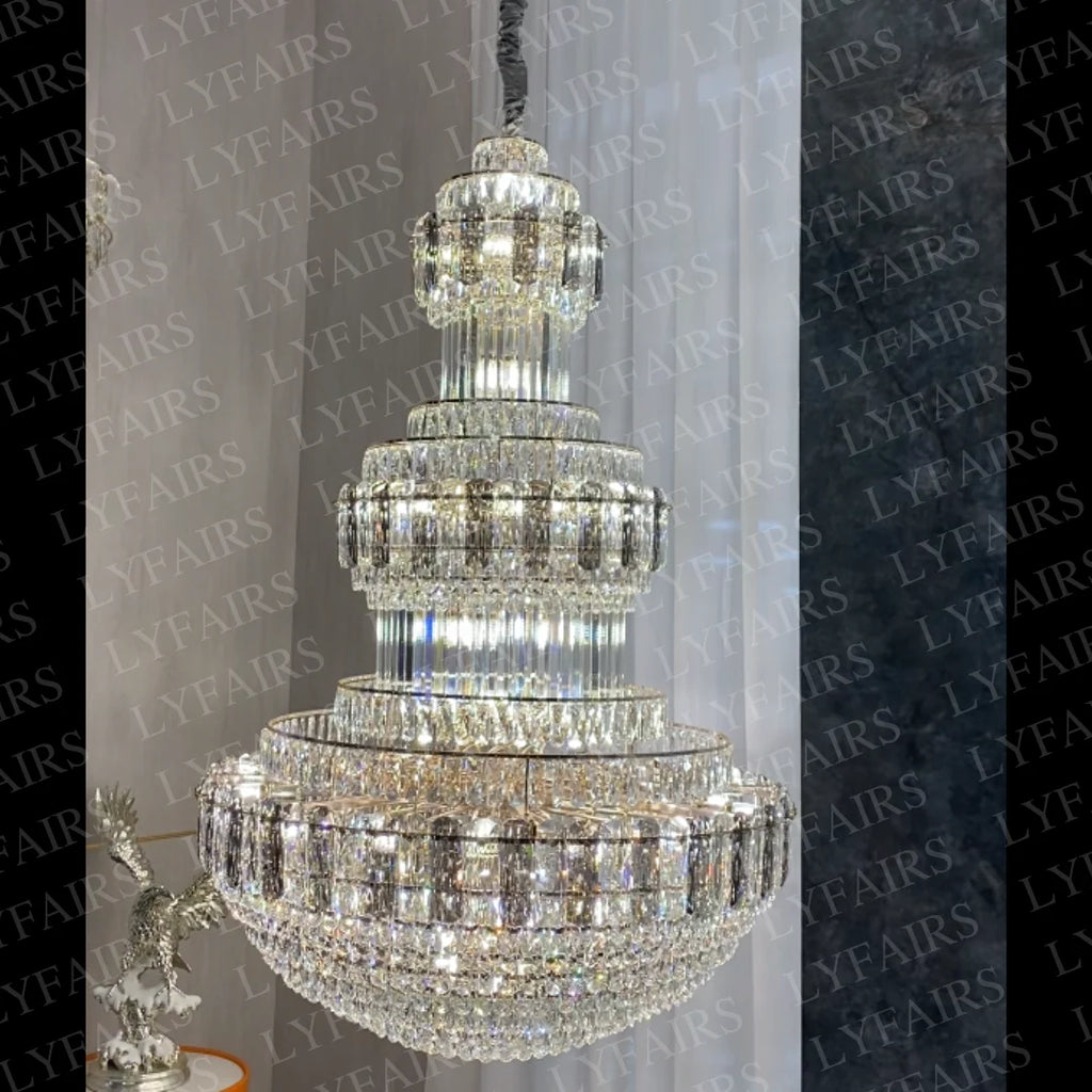 Golden Era Grand Cascade Fountain Smoky Gray&Clear Crystal Chandelier for High-Ceiling