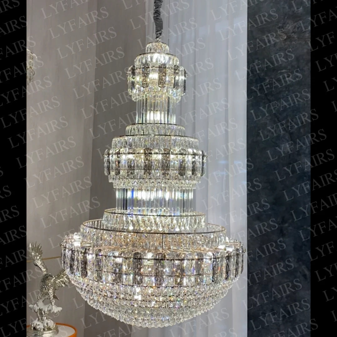 Golden Era Grand Cascade Fountain Smoky Gray&Clear Crystal Chandelier for High-Ceiling