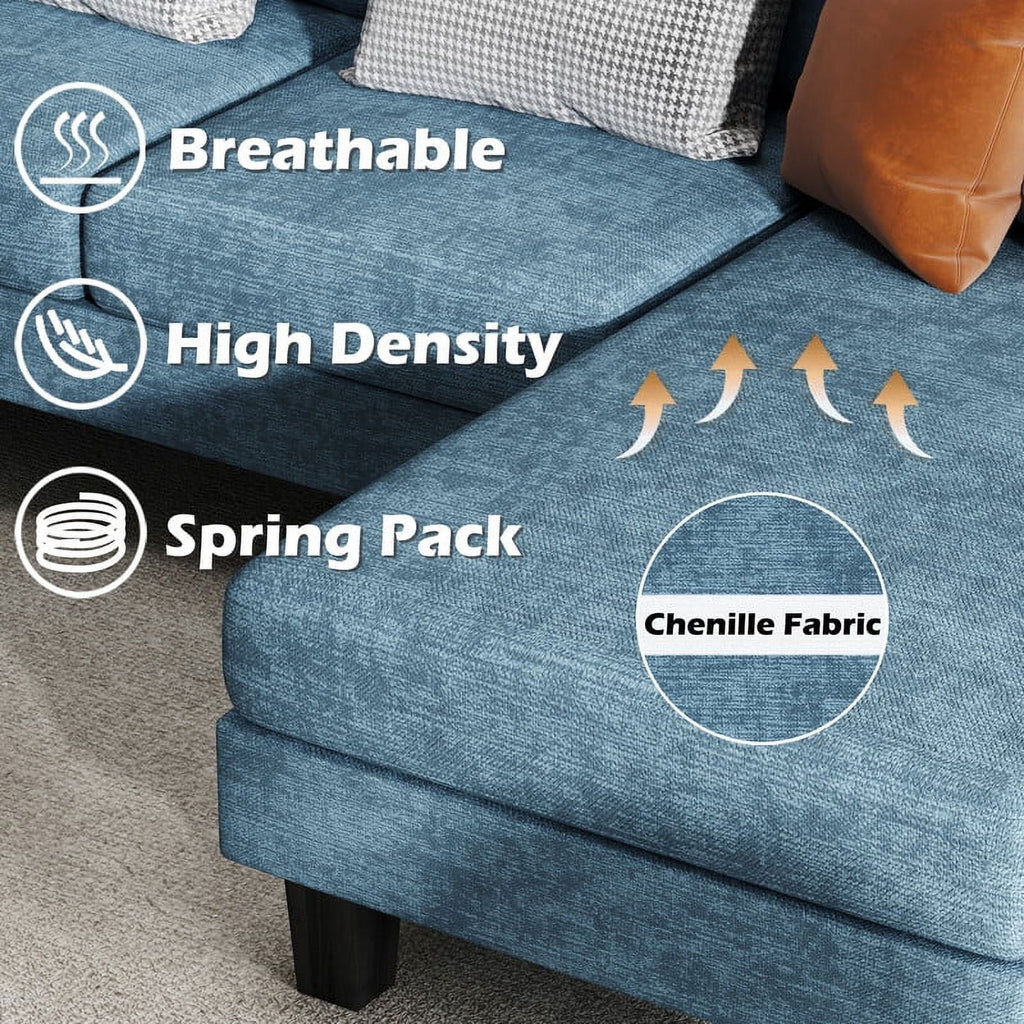 Modern U-Shape Sectional Sofa, Chenille Fabric Modular Couch, 4 Seat Oversized Sofa with Chaise for Living Room, Blue