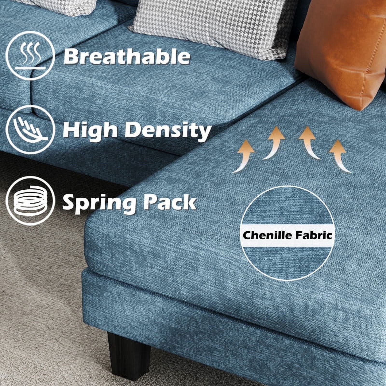 Modern U-Shape Sectional Sofa, Chenille Fabric Modular Couch, 4 Seat Oversized Sofa with Chaise for Living Room, Blue