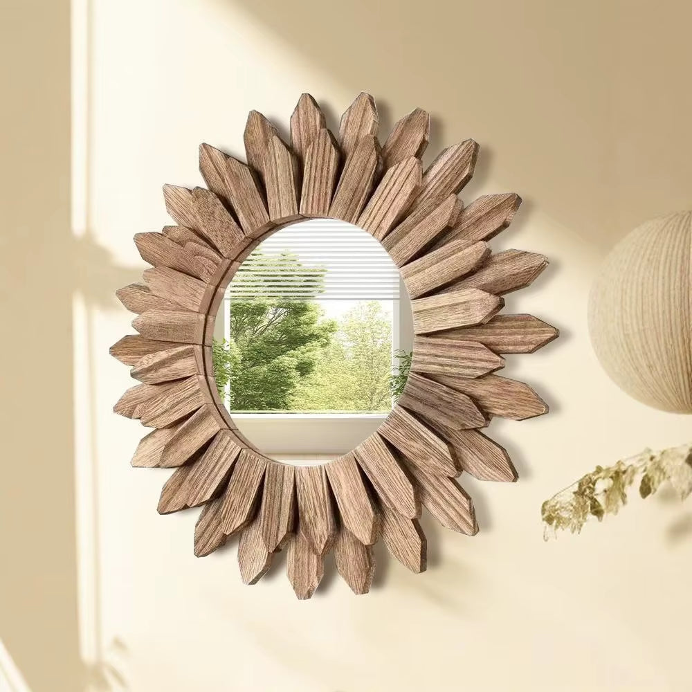 Bohemian Sunflower Mirror, Wall Mirror, Wooden Decorative Mirror, Bedroom Living Room Wall Mirror, Home Decoration 30Cm