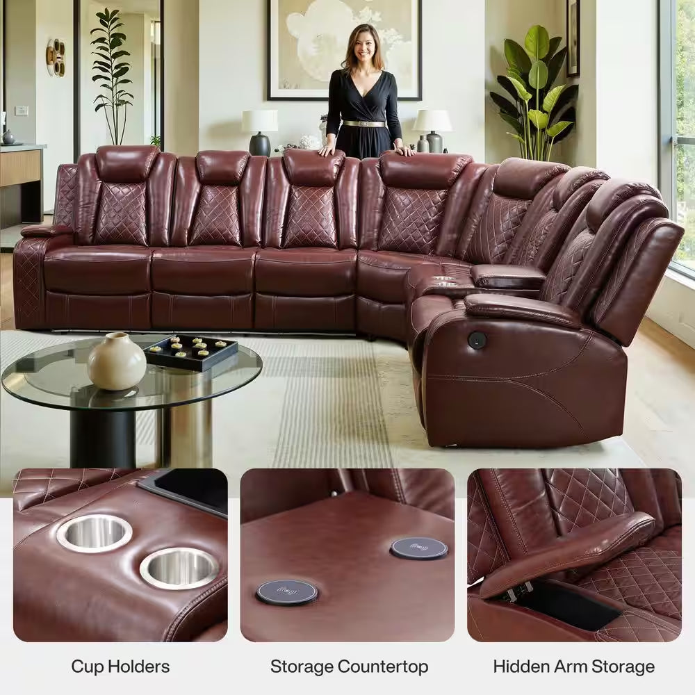 210 In. Overall Straight Arm Leather L-Shape Recliner Sofa Set in Red, 6 Seats Sectional with USB, Wireless Charging