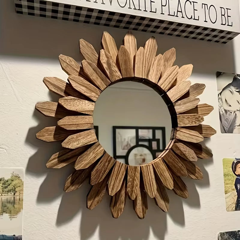 Bohemian Sunflower Mirror, Wall Mirror, Wooden Decorative Mirror, Bedroom Living Room Wall Mirror, Home Decoration 30Cm