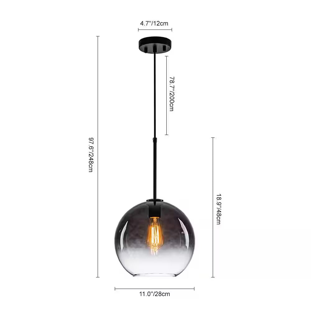Luckyday 1-Light 11 In.W Black Modern Globe Pendant Light Kitchen Island Hanging Light with Gradient Gray Tinted Glass