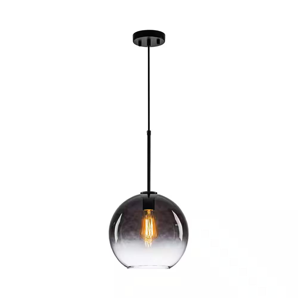 Luckyday 1-Light 11 In.W Black Modern Globe Pendant Light Kitchen Island Hanging Light with Gradient Gray Tinted Glass