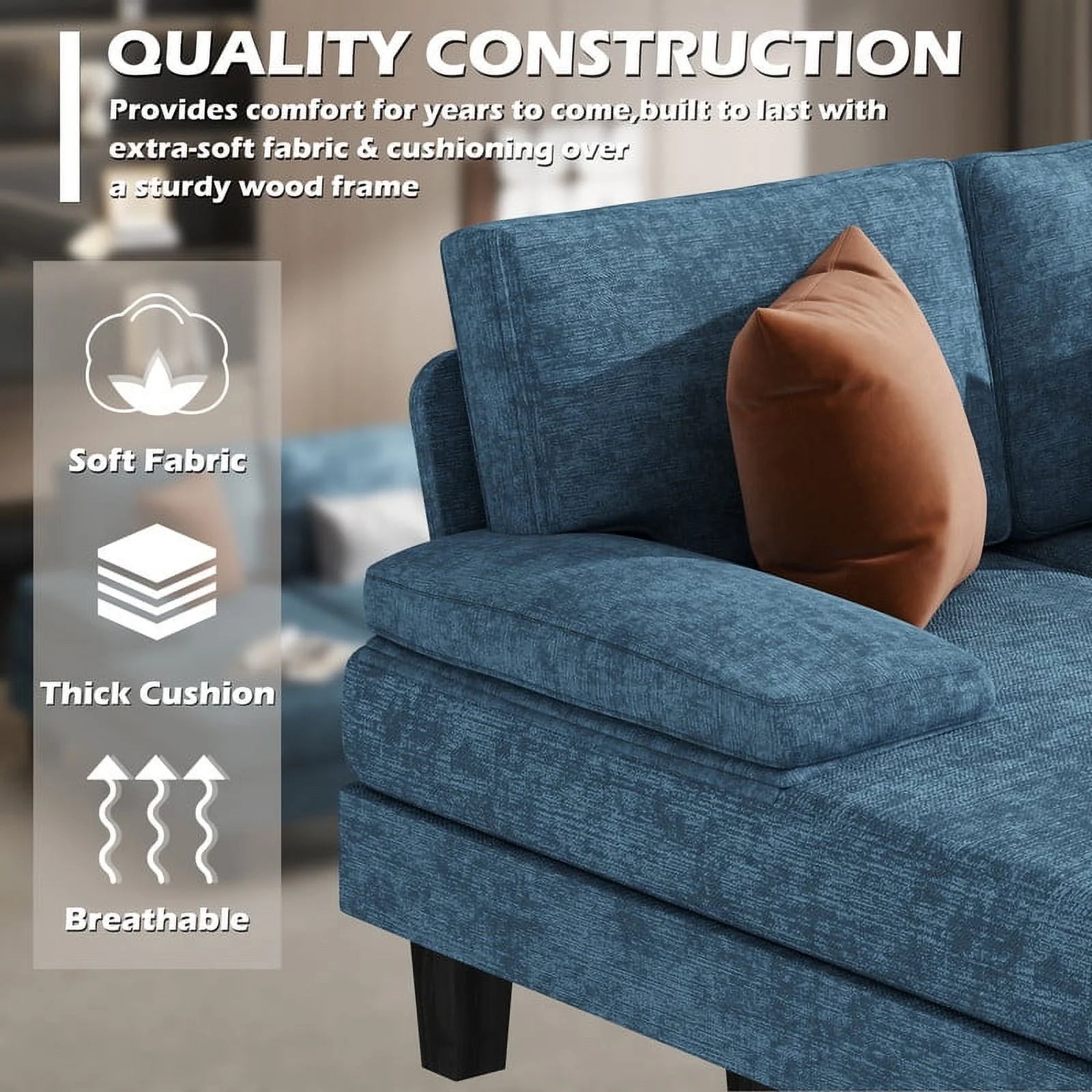 Modern U-Shape Sectional Sofa, Chenille Fabric Modular Couch, 4 Seat Oversized Sofa with Chaise for Living Room, Blue