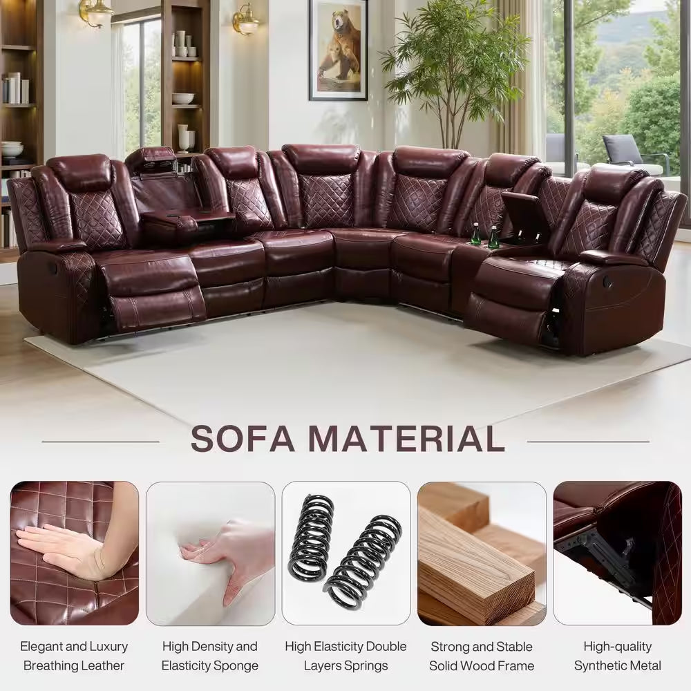 210 In. Overall Straight Arm Leather L-Shape Recliner Sofa Set in Red, 6 Seats Sectional with USB, Wireless Charging