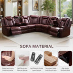 210 In. Overall Straight Arm Leather L-Shape Recliner Sofa Set in Red, 6 Seats Sectional with USB, Wireless Charging