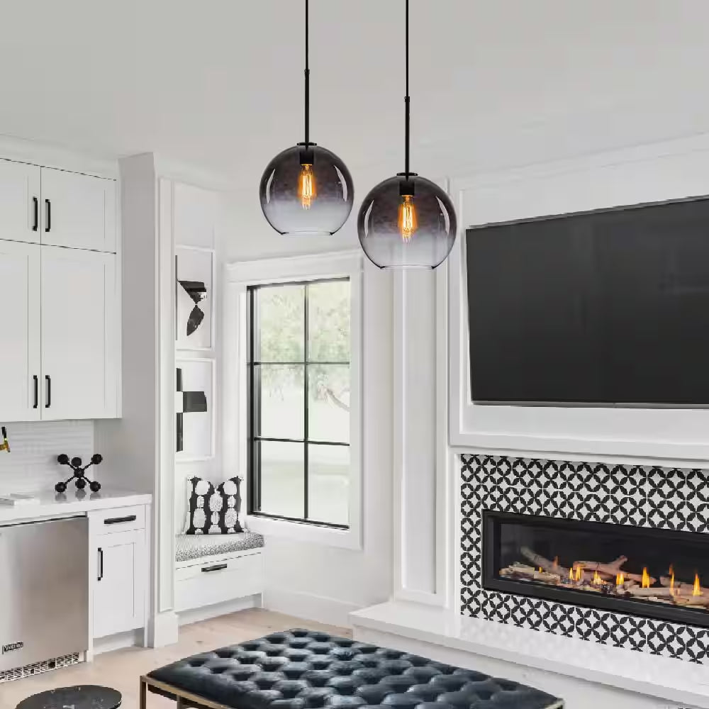 Luckyday 1-Light 11 In.W Black Modern Globe Pendant Light Kitchen Island Hanging Light with Gradient Gray Tinted Glass