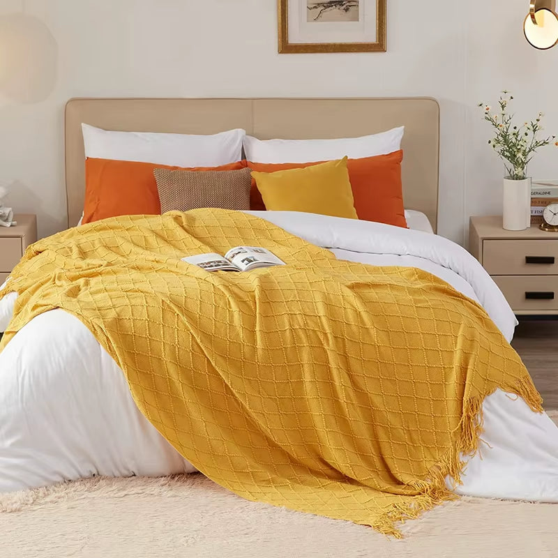 Soft Cozy Vintage Textured Knitted Throw Blankets with Tassels Lightweight Decorative Throws Farmhouse Woven Blanket for Adults