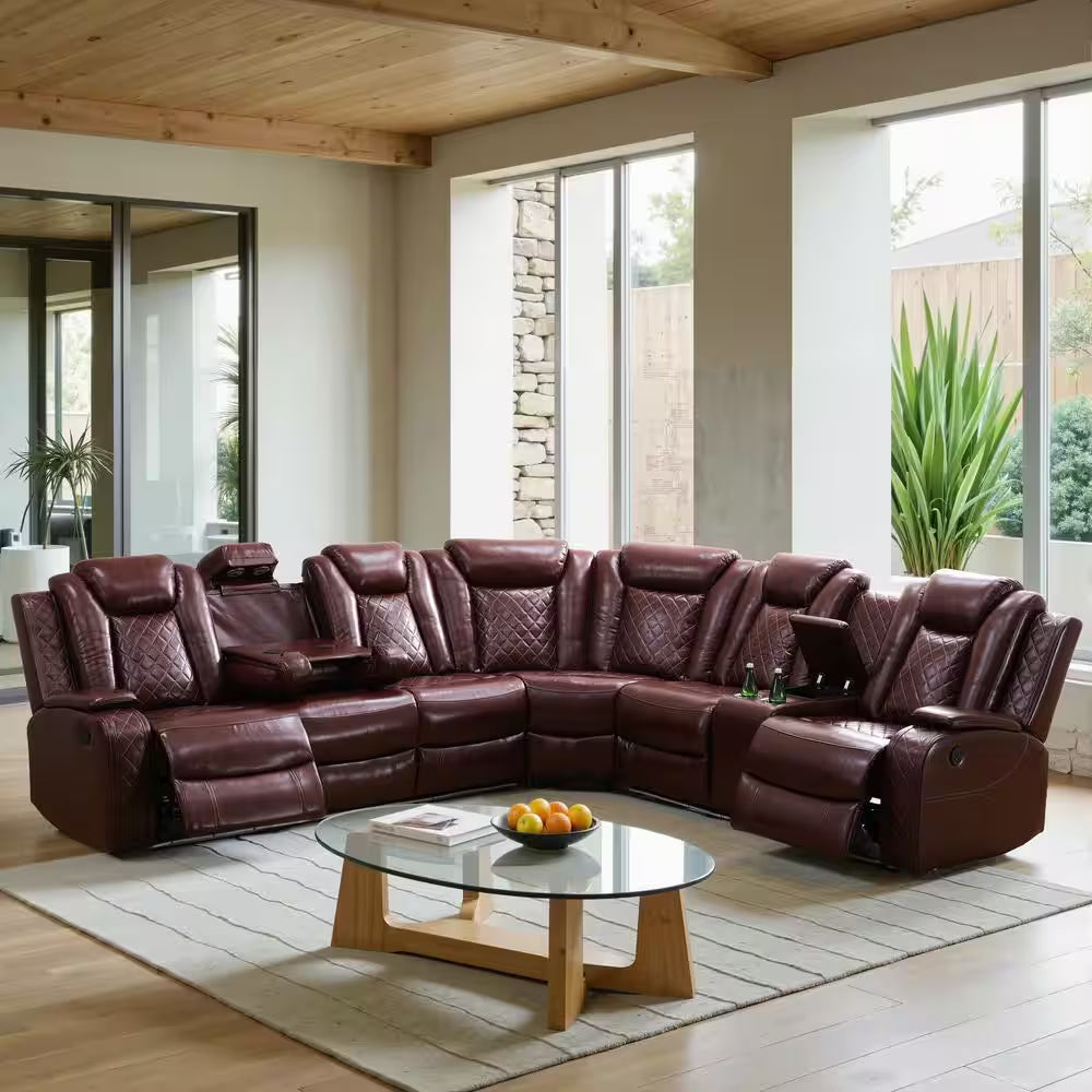 210 In. Overall Straight Arm Leather L-Shape Recliner Sofa Set in Red, 6 Seats Sectional with USB, Wireless Charging