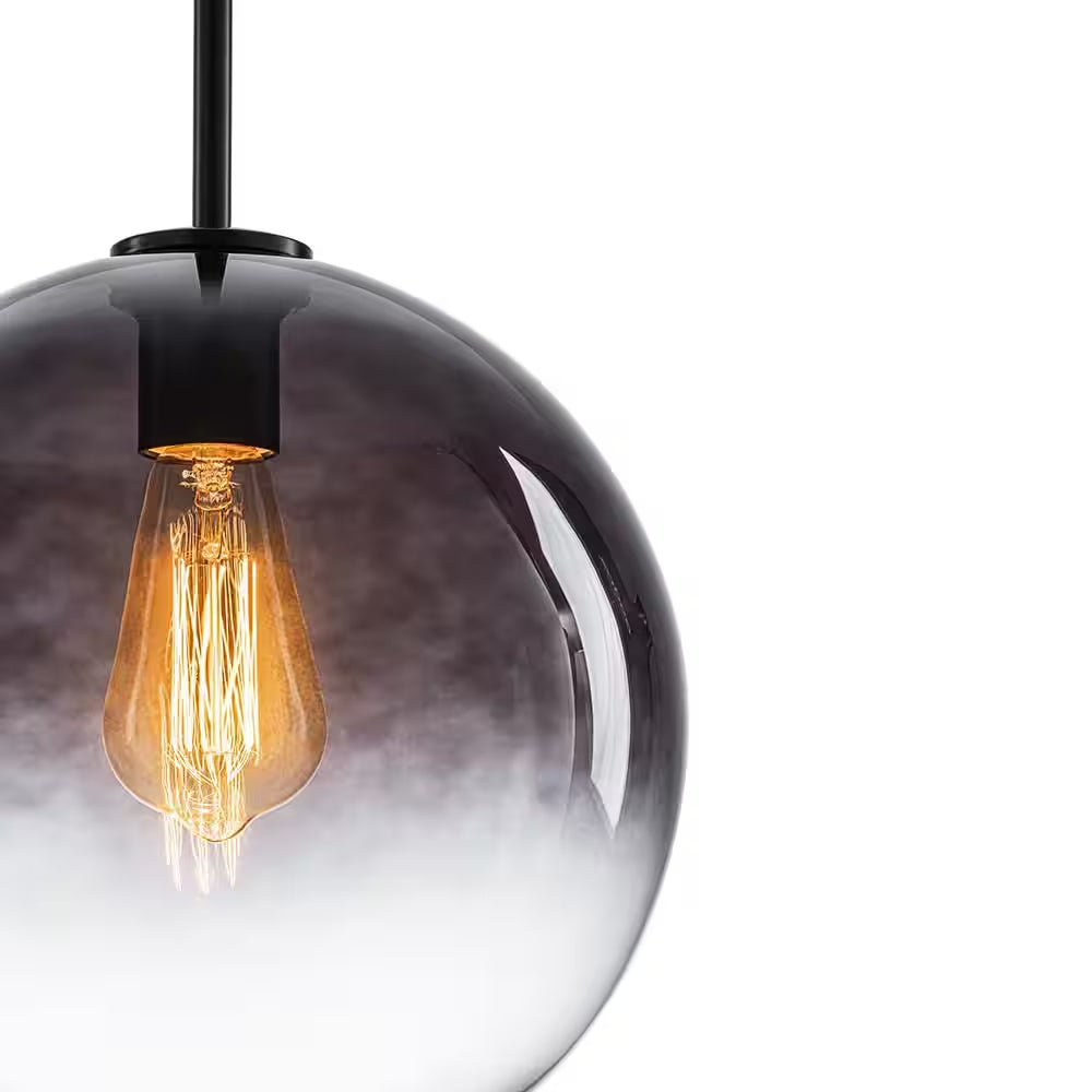 Luckyday 1-Light 11 In.W Black Modern Globe Pendant Light Kitchen Island Hanging Light with Gradient Gray Tinted Glass