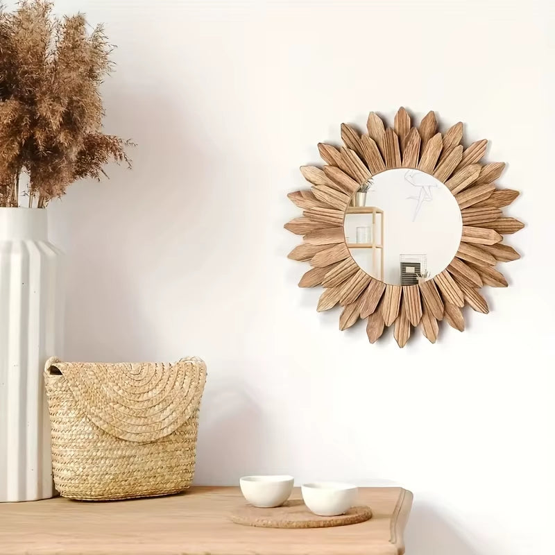 Bohemian Sunflower Mirror, Wall Mirror, Wooden Decorative Mirror, Bedroom Living Room Wall Mirror, Home Decoration 30Cm