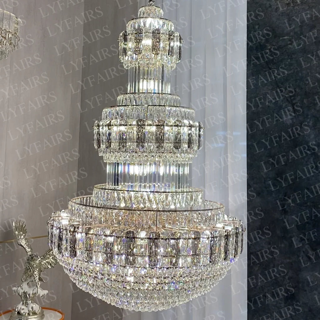 Golden Era Grand Cascade Fountain Smoky Gray&Clear Crystal Chandelier for High-Ceiling