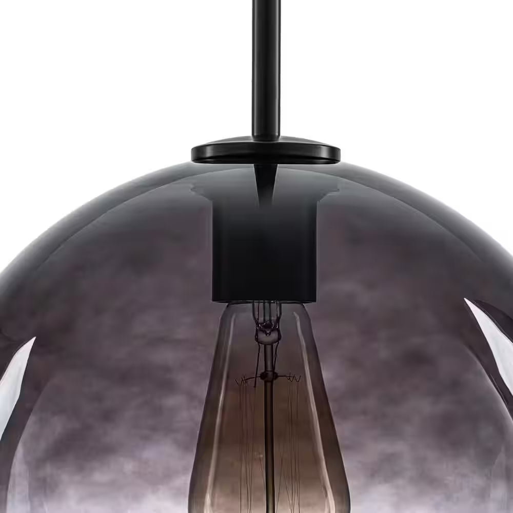 Luckyday 1-Light 11 In.W Black Modern Globe Pendant Light Kitchen Island Hanging Light with Gradient Gray Tinted Glass
