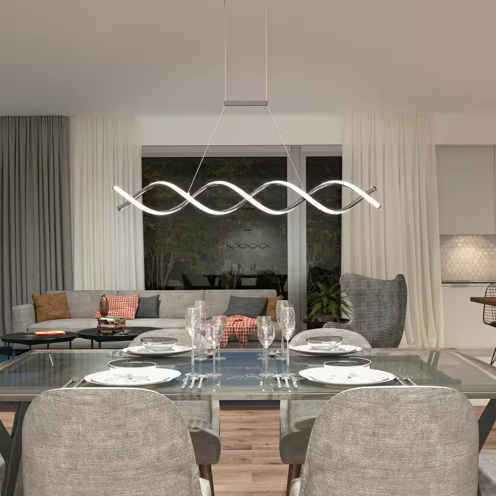 DNA Linear 16-Watt 1-Light Modern Chrome Integrated LED Hanging Pendant Light Fixture for Dining Room or Kitchen