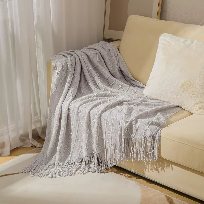 Soft Cozy Vintage Textured Knitted Throw Blankets with Tassels Lightweight Decorative Throws Farmhouse Woven Blanket for Adults