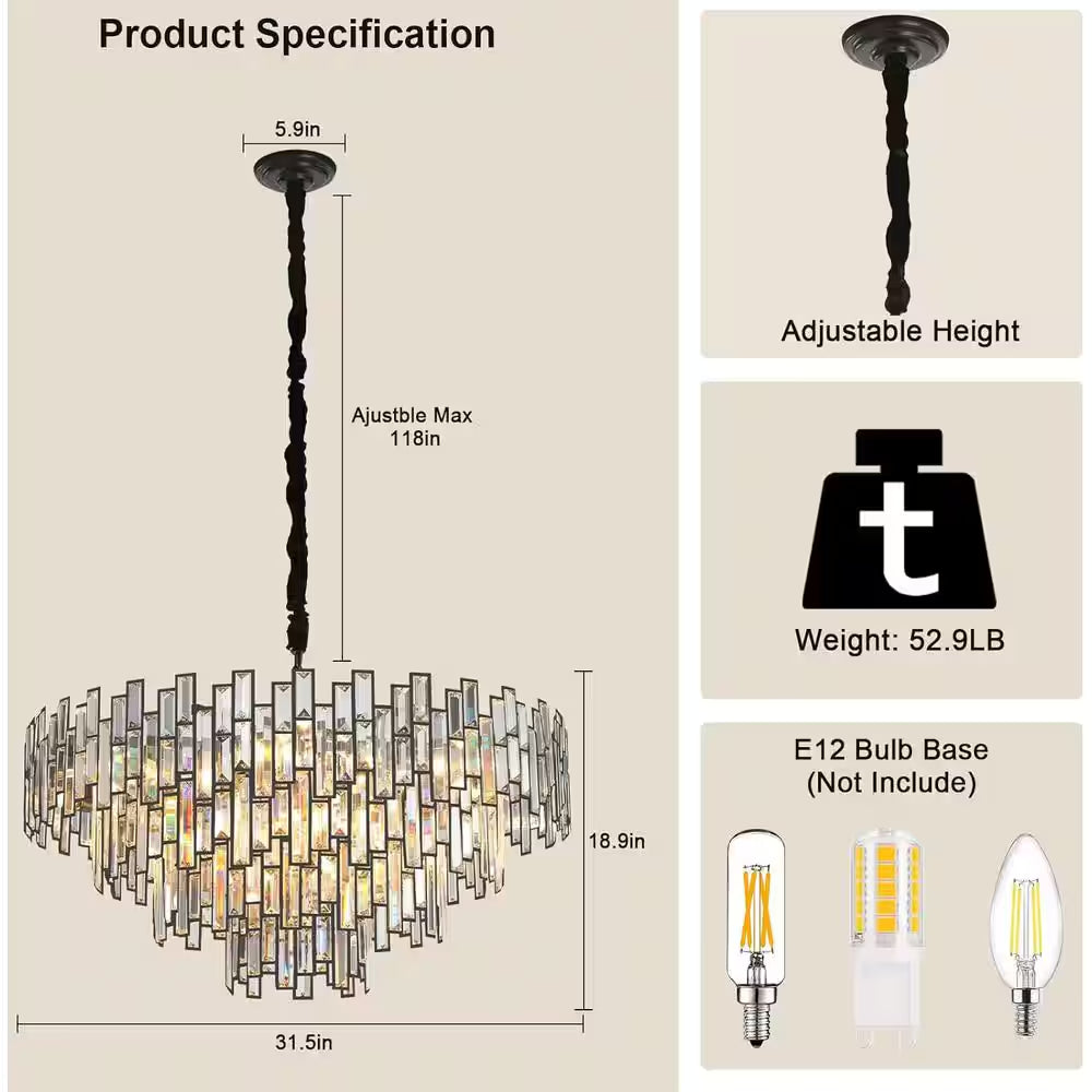 31.5" Modern Chandelier 19-Light 4-Tier Black round K9 Crystal Chandelier for Dining Room,Living Room,Entryway and Foyer