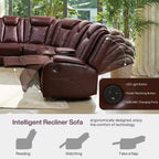 210 In. Overall Straight Arm Leather L-Shape Recliner Sofa Set in Red, 6 Seats Sectional with USB, Wireless Charging