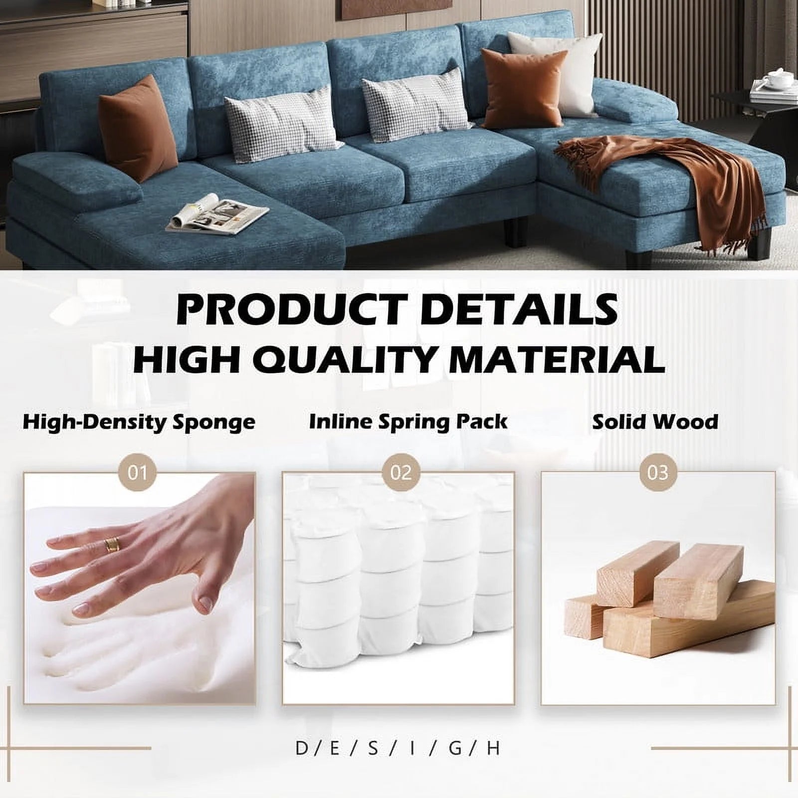 Modern U-Shape Sectional Sofa, Chenille Fabric Modular Couch, 4 Seat Oversized Sofa with Chaise for Living Room, Blue