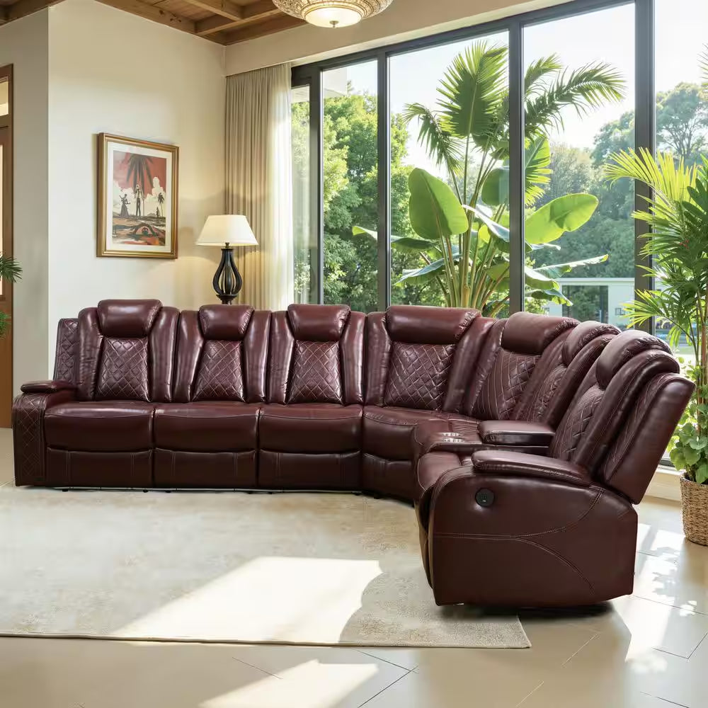 210 In. Overall Straight Arm Leather L-Shape Recliner Sofa Set in Red, 6 Seats Sectional with USB, Wireless Charging
