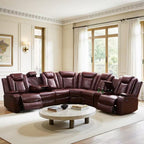 210 In. Overall Straight Arm Leather L-Shape Recliner Sofa Set in Red, 6 Seats Sectional with USB, Wireless Charging