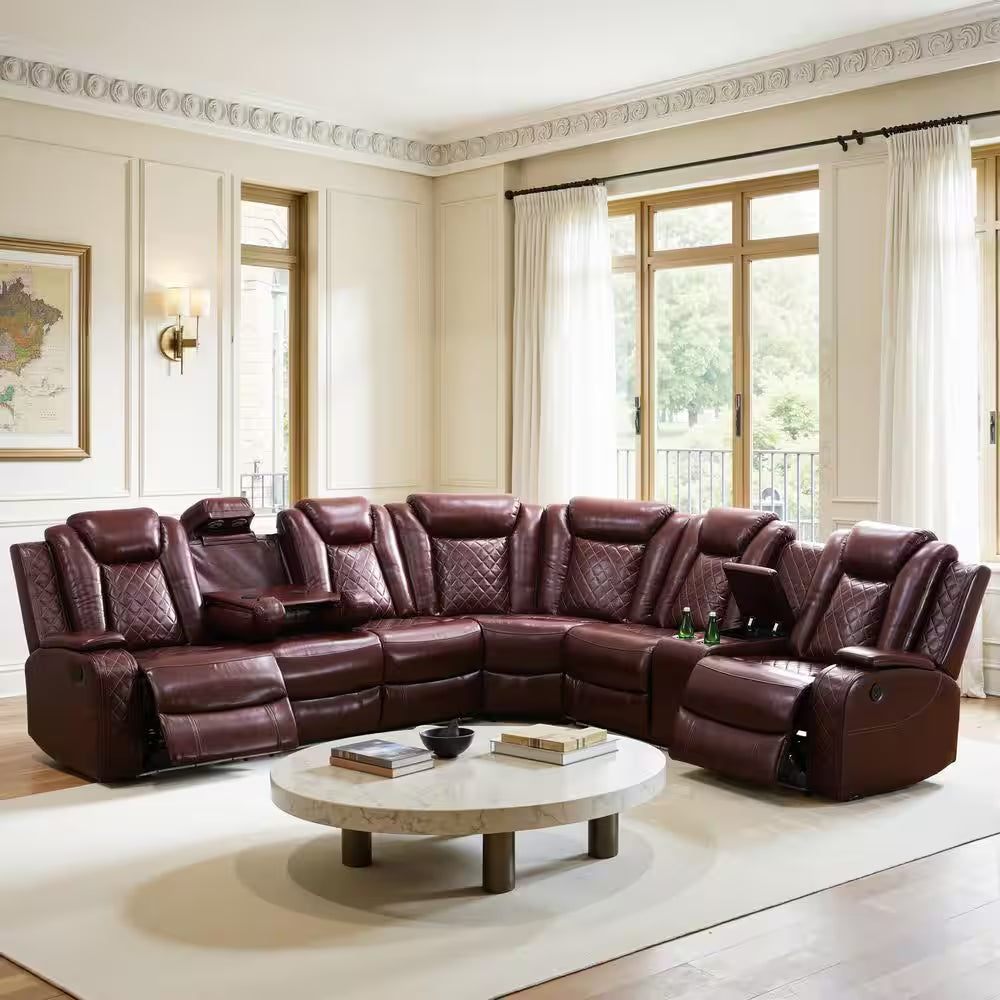 210 In. Overall Straight Arm Leather L-Shape Recliner Sofa Set in Red, 6 Seats Sectional with USB, Wireless Charging