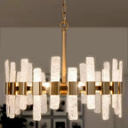 Mid-Century Modern Gold Kitchen Island Chandelier, 6-Light Glam Dining Room Ceiling Light with Icing Glass Strips
