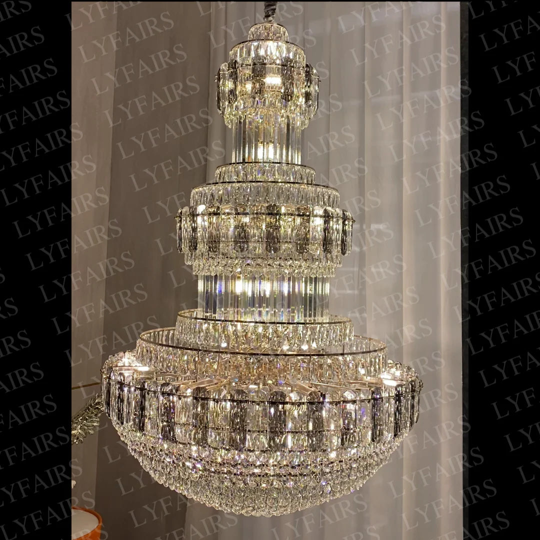 Golden Era Grand Cascade Fountain Smoky Gray&Clear Crystal Chandelier for High-Ceiling