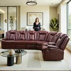 210 In. Overall Straight Arm Leather L-Shape Recliner Sofa Set in Red, 6 Seats Sectional with USB, Wireless Charging
