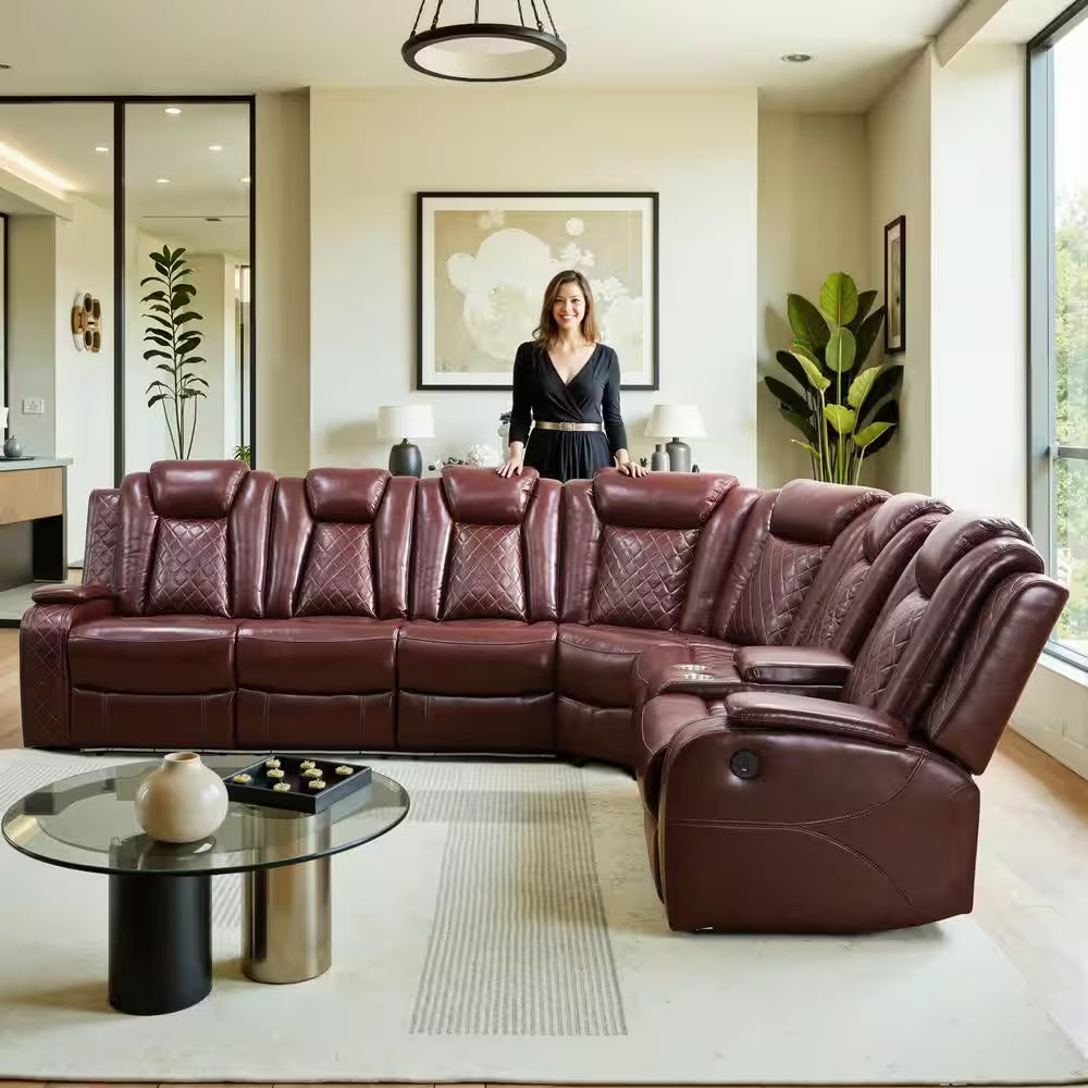 210 In. Overall Straight Arm Leather L-Shape Recliner Sofa Set in Red, 6 Seats Sectional with USB, Wireless Charging