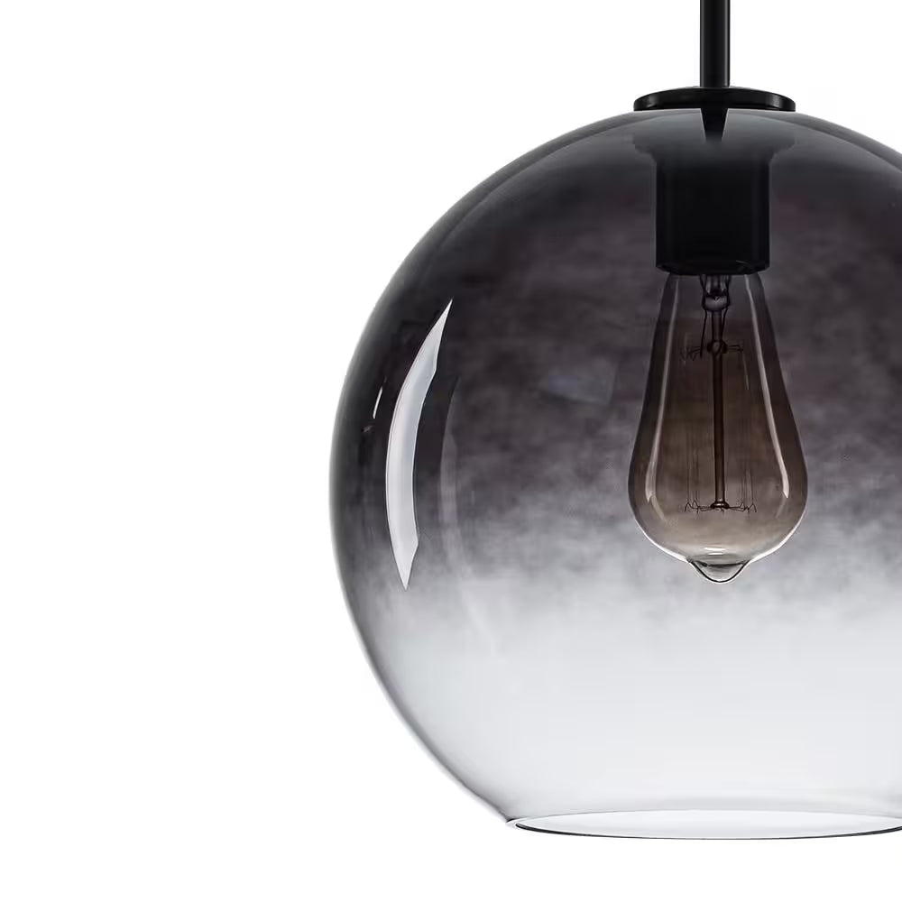 Luckyday 1-Light 11 In.W Black Modern Globe Pendant Light Kitchen Island Hanging Light with Gradient Gray Tinted Glass