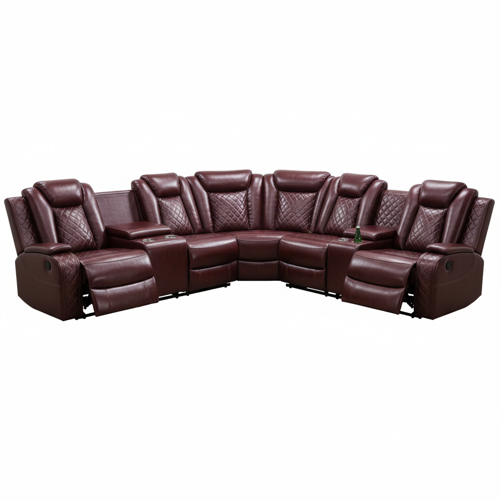 210 In. Overall Straight Arm Leather L-Shape Recliner Sofa Set in Red, 6 Seats Sectional with USB, Wireless Charging