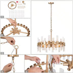 Mid-Century Modern Gold Kitchen Island Chandelier, 6-Light Glam Dining Room Ceiling Light with Icing Glass Strips