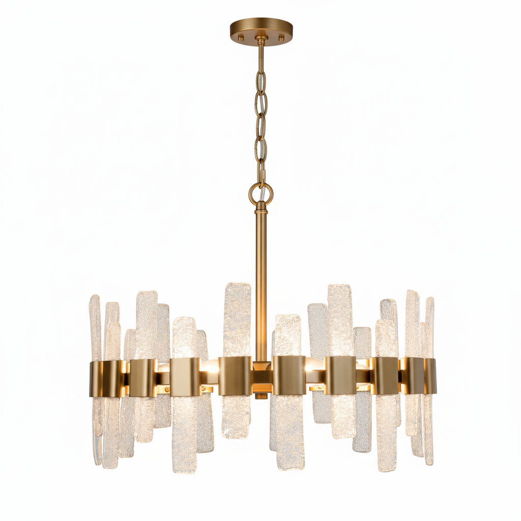 Mid-Century Modern Gold Kitchen Island Chandelier, 6-Light Glam Dining Room Ceiling Light with Icing Glass Strips