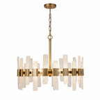 Mid-Century Modern Gold Kitchen Island Chandelier, 6-Light Glam Dining Room Ceiling Light with Icing Glass Strips